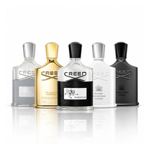 Creed Collection Discovery Set with Aventus, Aventus Cologne, Millésime Impérial, Silver Mountain Water and Green Irish Tweed fragrance bottles on white background
