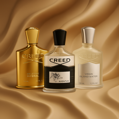 Creed Discovery Sample Pack featuring Millesime Imperial, Aventus, and Virgin Island Water on a luxurious gold satin background