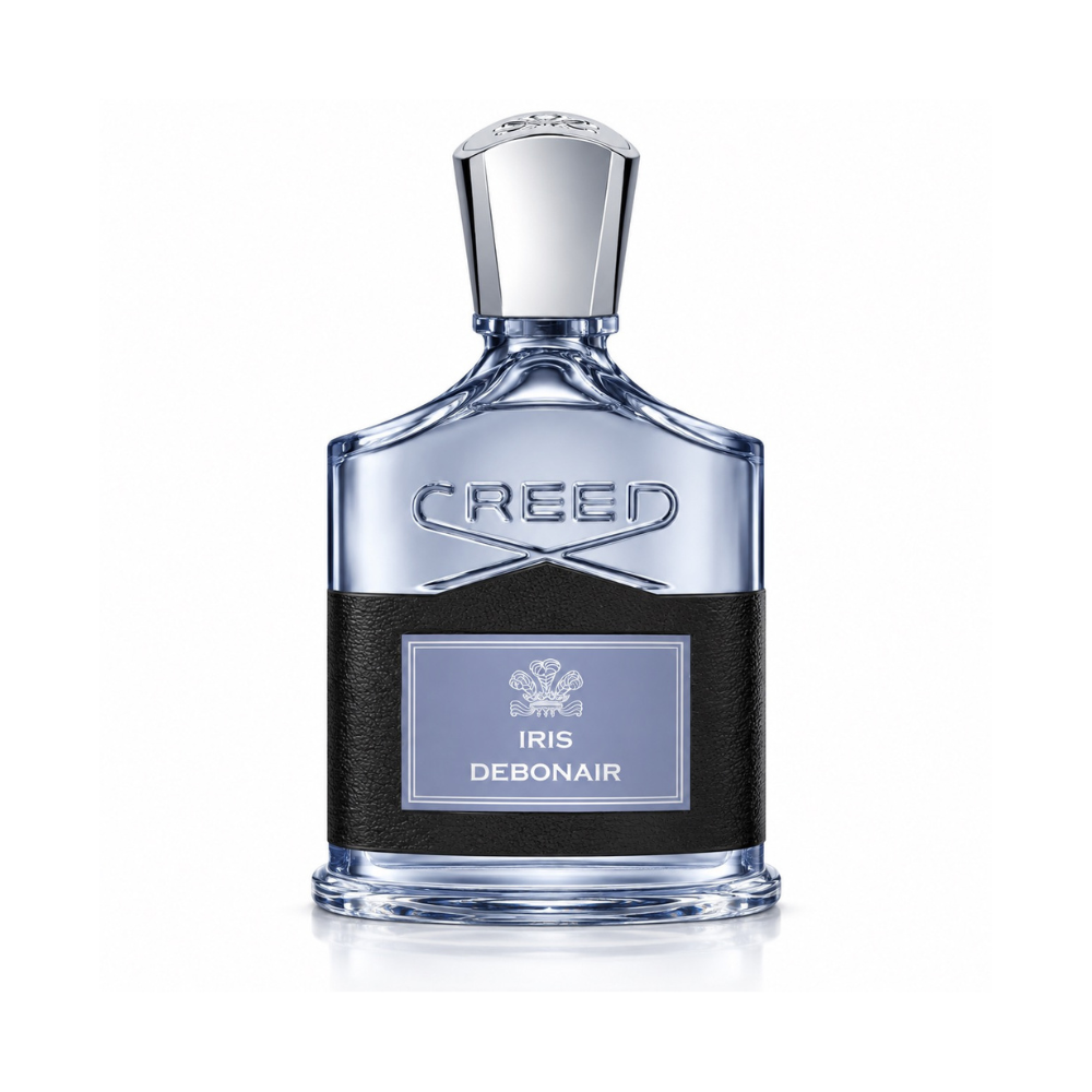 Creed Iris Debonair Eau de Parfum fragrance bottle with pale blue glass, black leather wrap and polished silver cap on white background