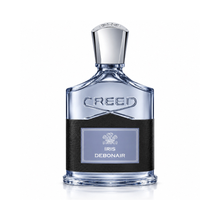 Creed Iris Debonair Eau de Parfum fragrance bottle with pale blue glass, black leather wrap and polished silver cap on white background