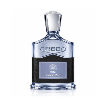 Creed Iris Debonair Eau de Parfum fragrance bottle with pale blue glass, black leather wrap and polished silver cap on white background