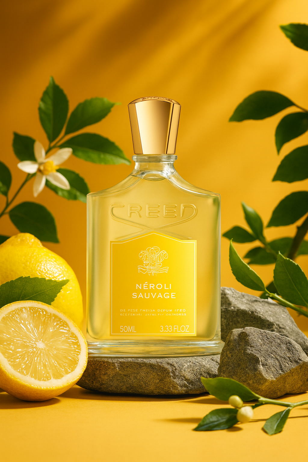 Creed Neroli Sauvage perfume bottle with gold cap surrounded by lemons, flowers, and green leaves on a golden yellow background