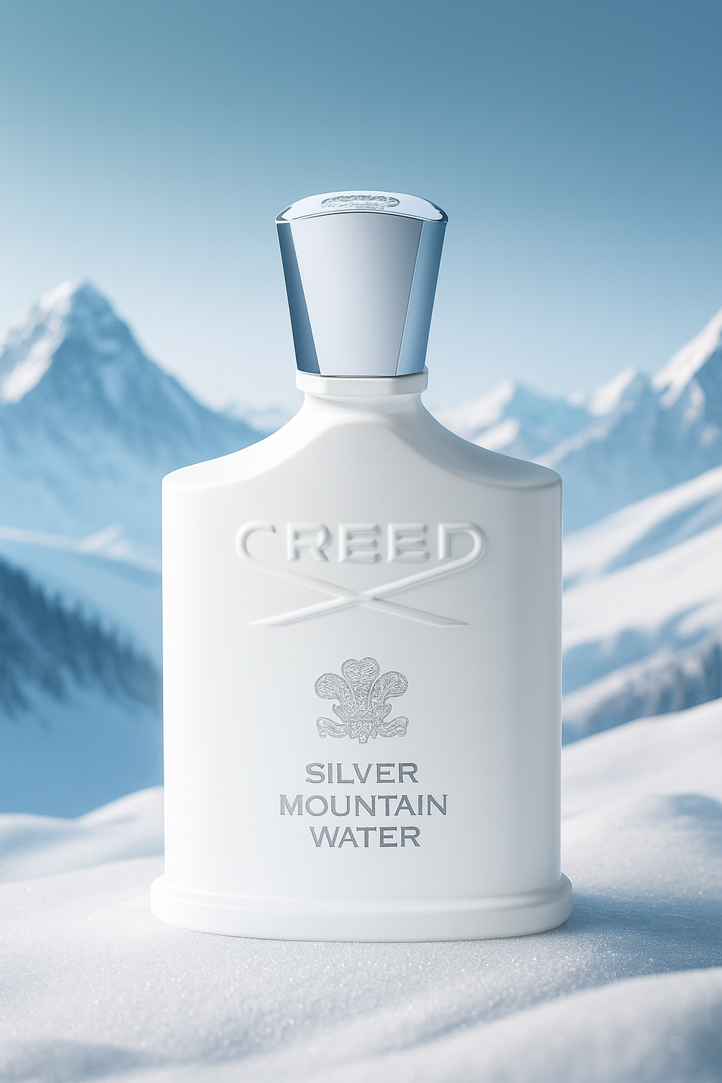 Creed Silver Mountain Water perfume bottle with silver cap displayed on snow with snowy mountain peaks in the background