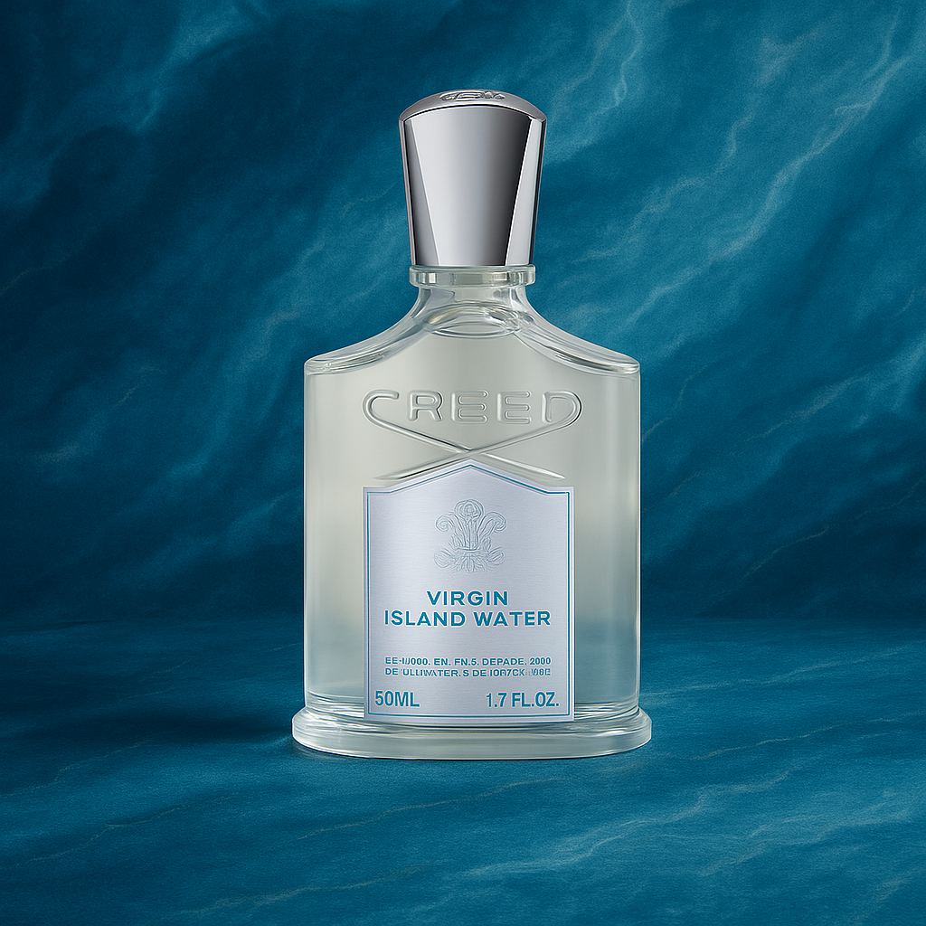 Creed Virgin Island Water cologne bottle displayed against ocean-inspired background for tropical fragrance sample