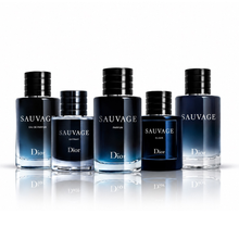 Dior Sauvage Collection Discovery Set featuring five men's fragrances including Extrait, Elixir, Eau de Parfum, Eau de Toilette and Parfum in dark blue and black bottles on white background