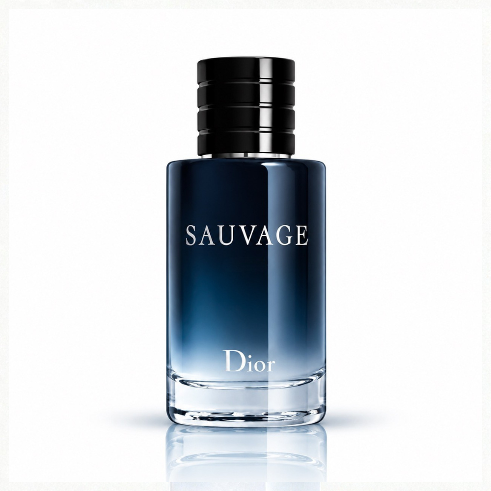 Dior Sauvage Eau de Toilette men's fragrance bottle with dark navy blue gradient glass, glossy black cylindrical cap and silver Dior logo on white background