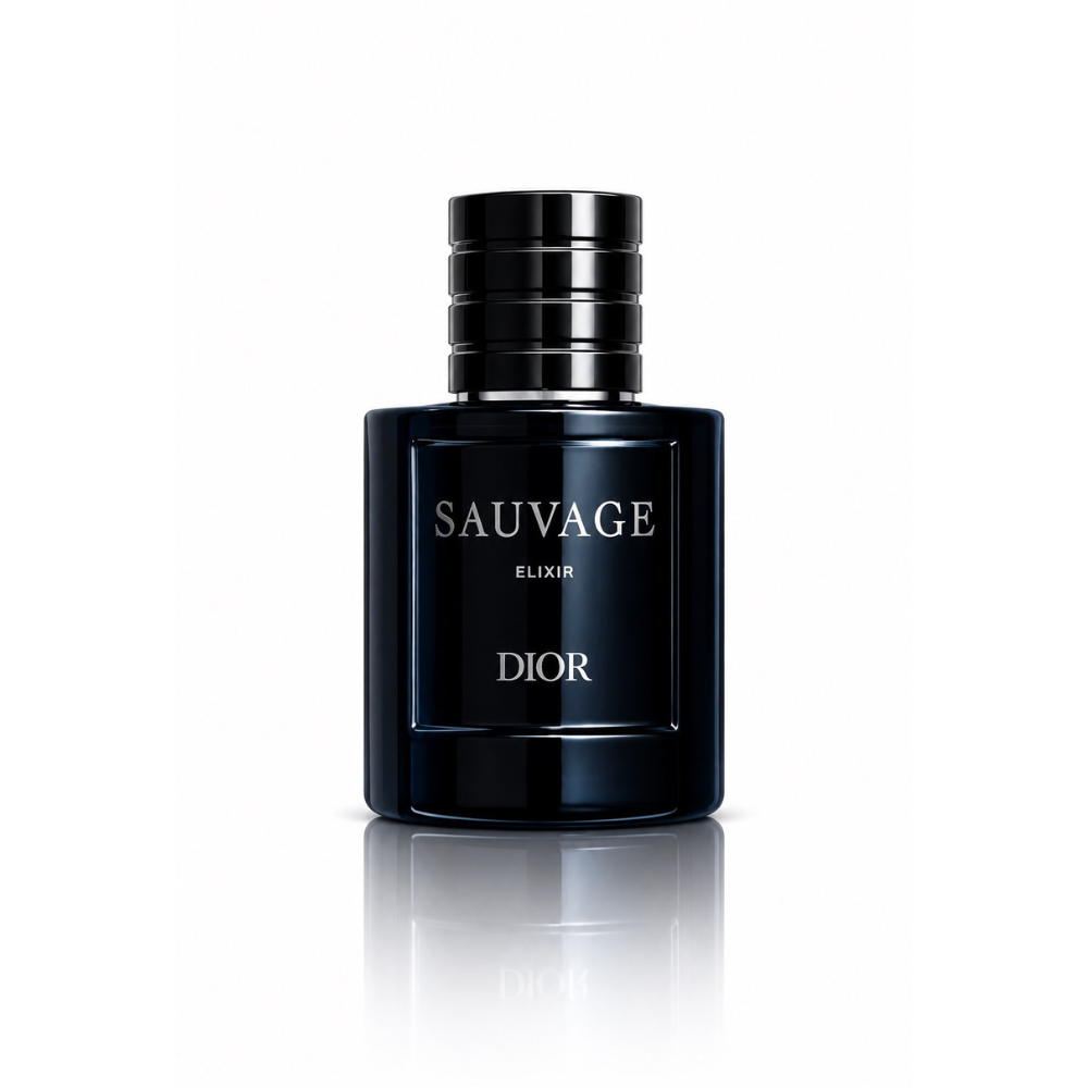 Dior Sauvage Elixir men's fragrance bottle with deep navy blue glass, silver lettering and ribbed black cap on white background
