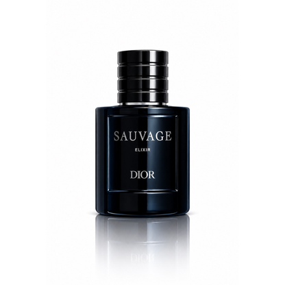 Dior Sauvage Elixir men's fragrance bottle with deep navy blue glass, silver lettering and ribbed black cap on white background
