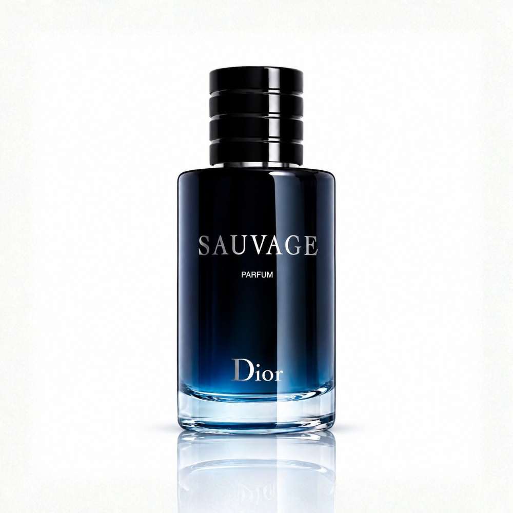 Dior Sauvage Parfum men's fragrance bottle with dark navy blue gradient glass, glossy black cylindrical cap and silver Dior logo on white background