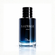 Dior Sauvage Parfum men's fragrance bottle with dark navy blue gradient glass, glossy black cylindrical cap and silver Dior logo on white background