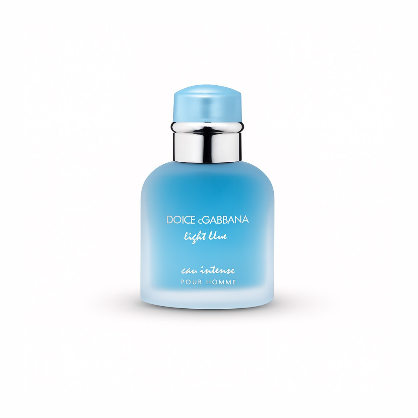 Dolce & Gabbana Light Blue Eau Intense Pour Homme bottle on a white background showcasing its sleek frosted blue design.