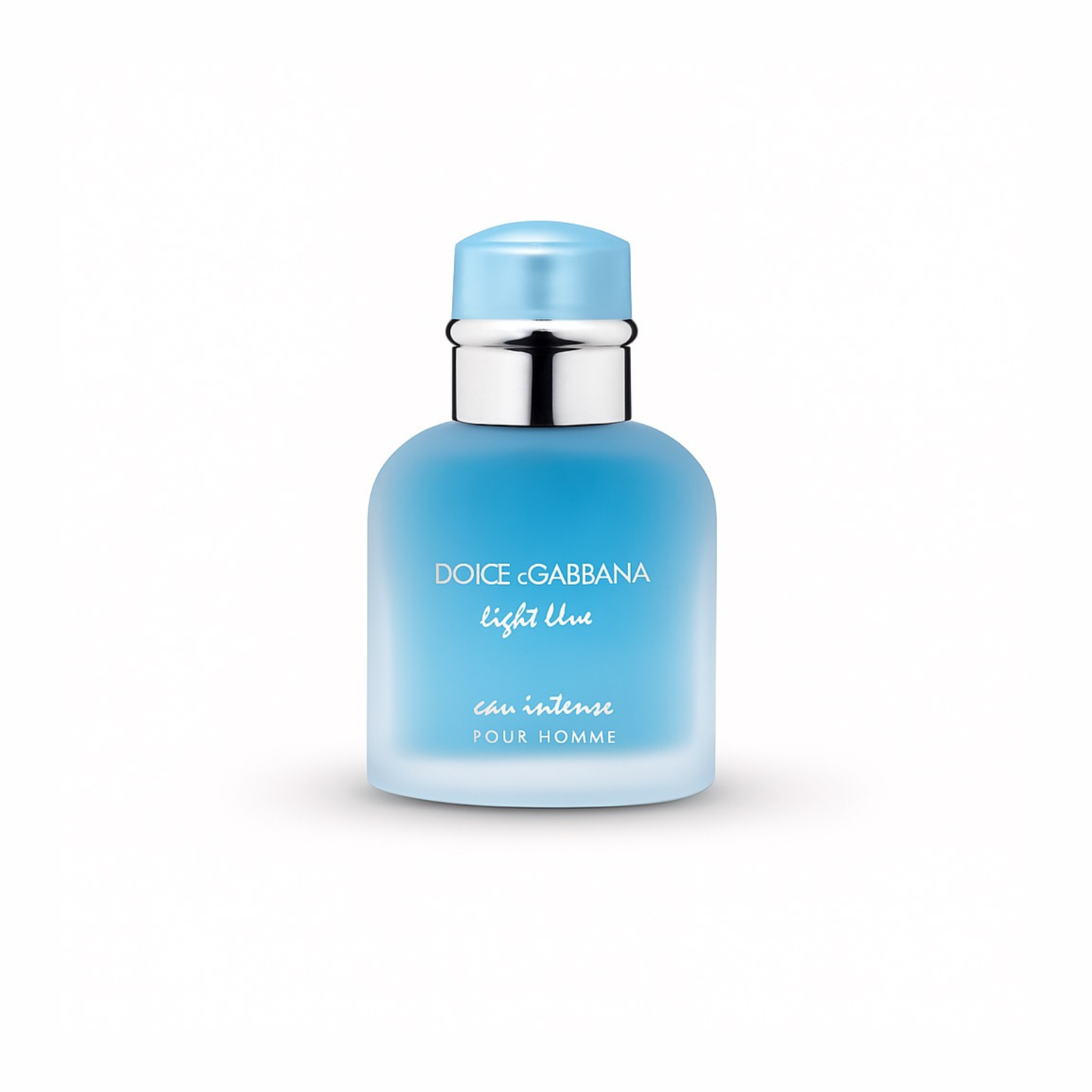 Dolce & Gabbana Light Blue Eau Intense Pour Homme bottle on a white background showcasing its sleek frosted blue design.