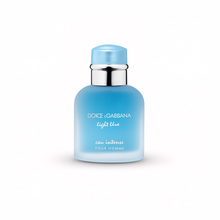 Dolce & Gabbana Light Blue Eau Intense Pour Homme bottle on a white background showcasing its sleek frosted blue design.