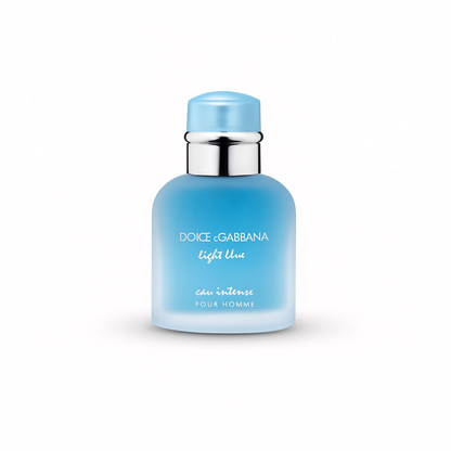 Dolce & Gabbana Light Blue Eau Intense Pour Homme bottle on a white background showcasing its sleek frosted blue design.