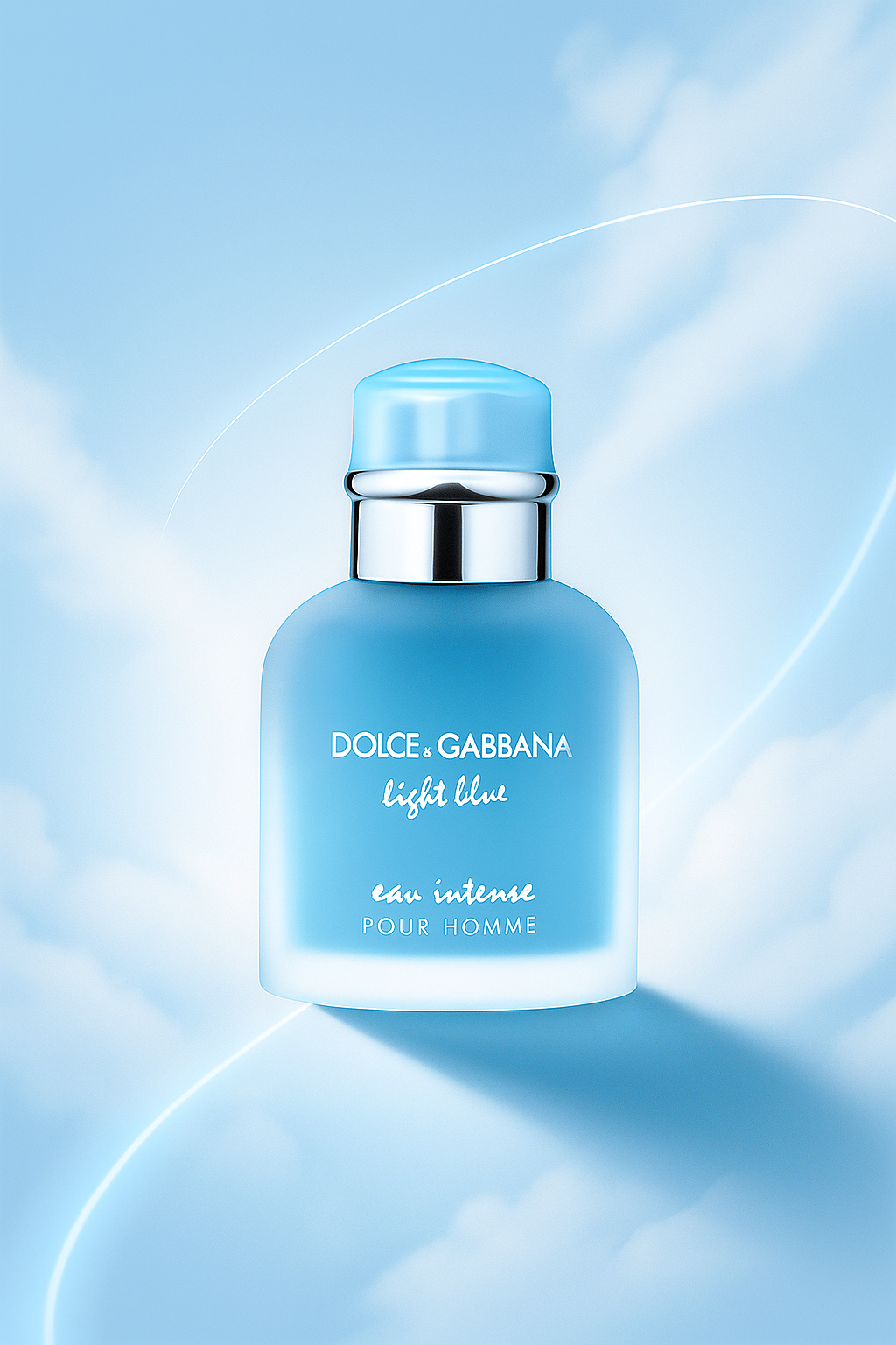 Dolce & Gabbana Light Blue Eau Intense Pour Homme bottle against a soft blue sky background, emphasizing its fresh aquatic fragrance
