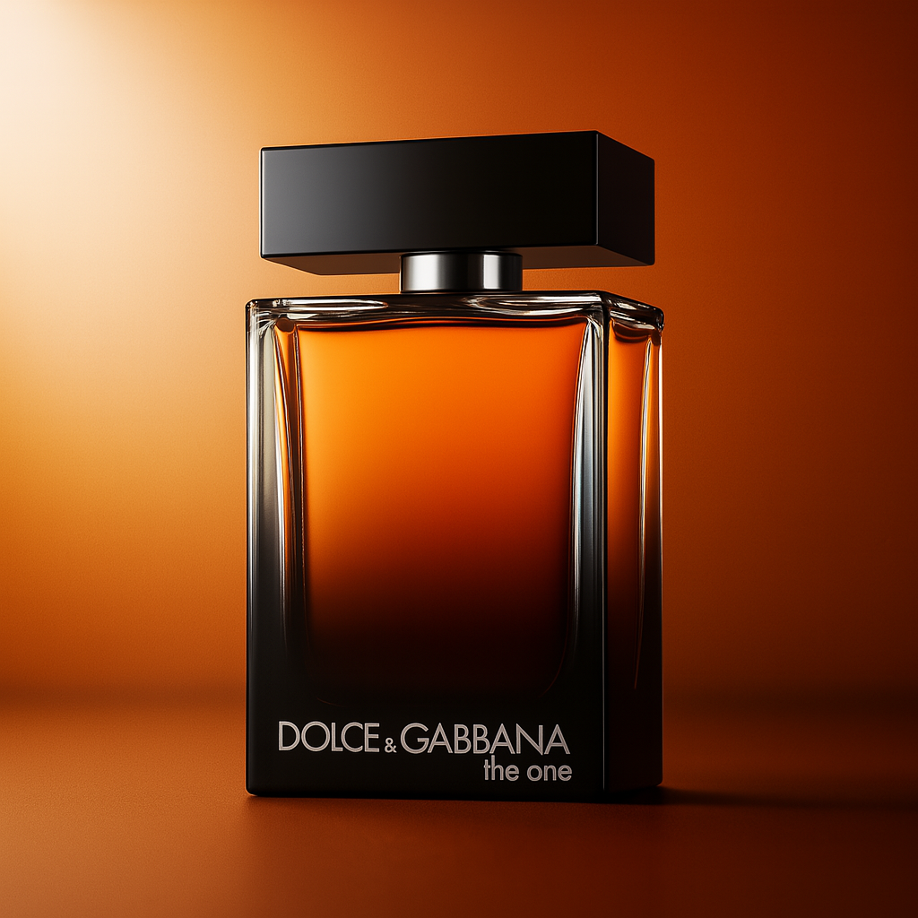 Dolce & Gabbana The One EDP bottle with rich amber glow and luxurious background lighting