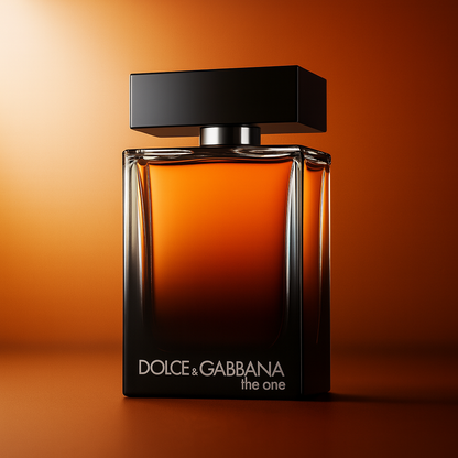 Dolce & Gabbana The One EDP bottle with rich amber glow and luxurious background lighting