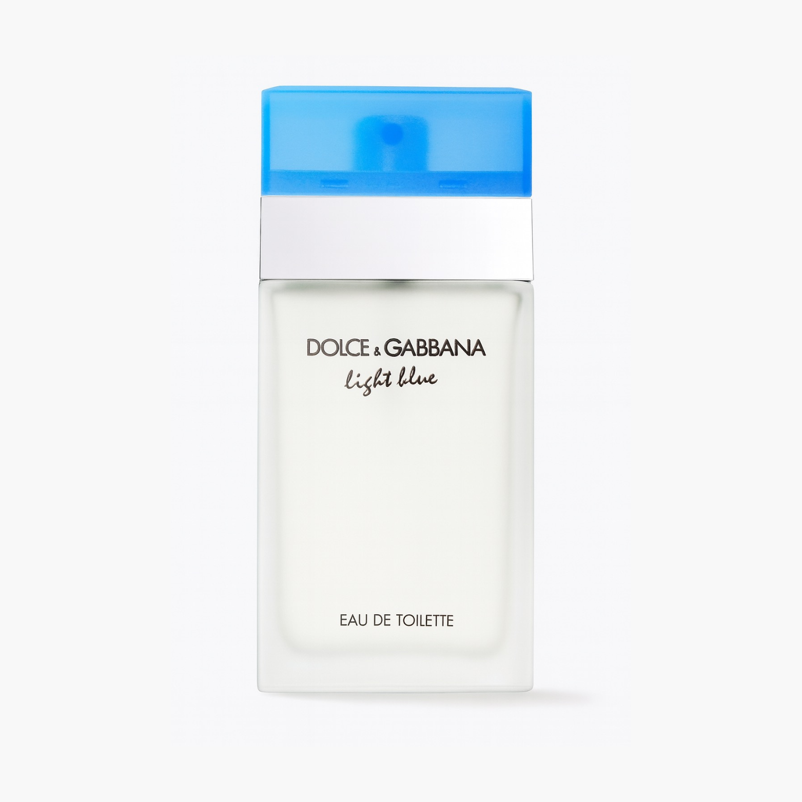 Dolce & Gabbana Light Blue Eau de Toilette bottle with frosted glass and sky-blue cap on a white background
