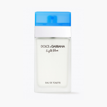 Dolce & Gabbana Light Blue Eau de Toilette bottle with frosted glass and sky-blue cap on a white background
