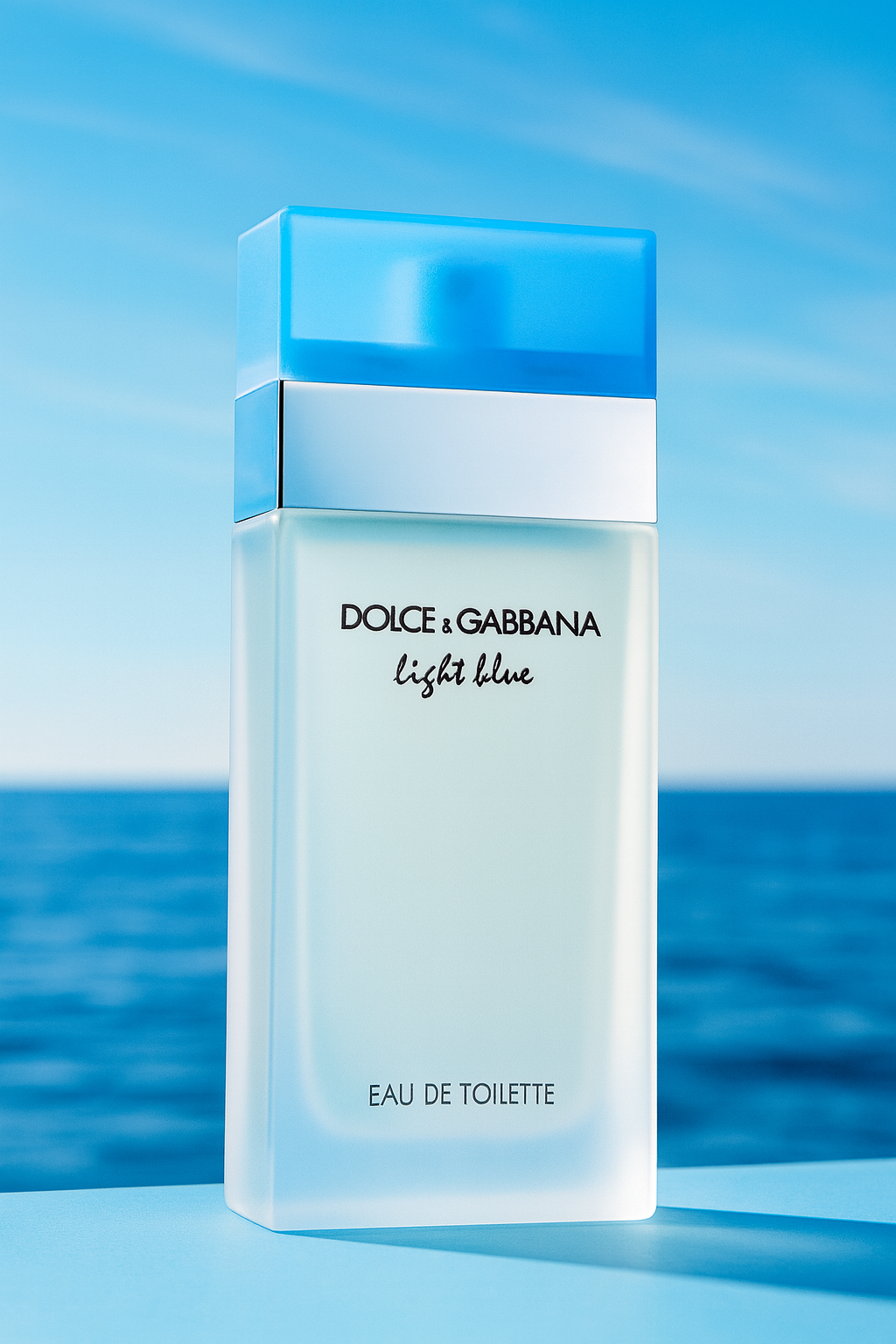Dolce & Gabbana Light Blue Eau de Toilette bottle with blue cap displayed against a bright ocean background under sunlight