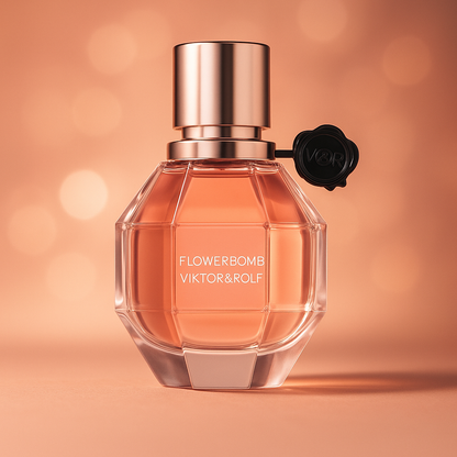 Flowerbomb Eau de Parfum by Viktor & Rolf pink diamond-shaped bottle displayed against a warm peach background