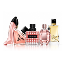 For Her Signature Collection Set featuring Valentino Donna Born in Roma, YSL Libre, Carolina Herrera Good Girl Blush, Prada Paradoxe and Viktor&Rolf Flowerbomb perfumes on white background