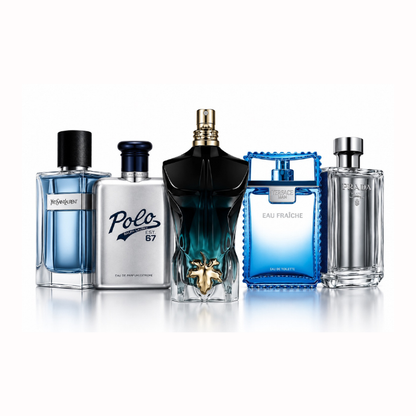 Men's Fresh Discovery Set featuring Yves Saint Laurent Y EDT, Ralph Lauren Polo 67 Eau de Parfum Extreme, Jean Paul Gaultier Le Beau Le Parfum, Versace Man Eau Fraîche EDT, and Prada L'Homme EDT displayed on a clean white background