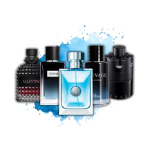 Fragrance bundle with top men’s colognes – Valentino, YSL, Versace, Dior, and Azzaro displayed in a clean white and splash blue background for discovery sample pack