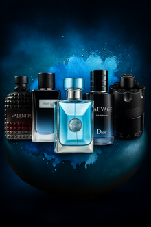 Gentlemen's Reserve Discovery Sample Set featuring Valentino Uomo Intense, YSL Y EDP, Versace Pour Homme, Dior Sauvage EDP, and Azzaro The Most Wanted Intense – elegant blue-themed background
