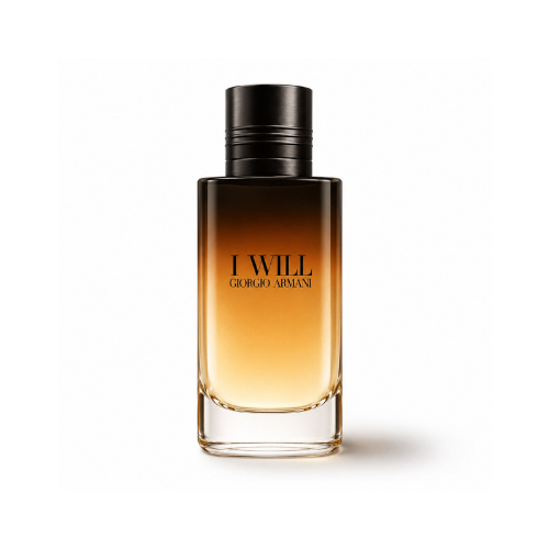 Giorgio Armani I Will Eau de Parfum men's fragrance bottle with black-to-amber gradient glass on white background