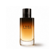 Giorgio Armani I Will Eau de Parfum men's fragrance bottle with black-to-amber gradient glass on white background