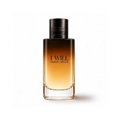 Giorgio Armani I Will Eau de Parfum men's fragrance bottle with black-to-amber gradient glass on white background
