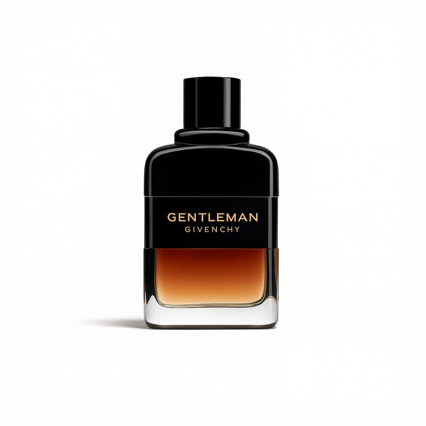 Givenchy Gentleman Reserve Privee Eau de Parfum bottle on a white background with amber gradient glass and black cap