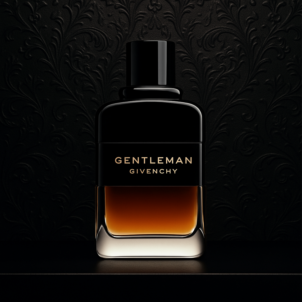 Givenchy Gentleman Reserve Privee Eau de Parfum bottle on a dark textured background with amber gradient glass and black cap