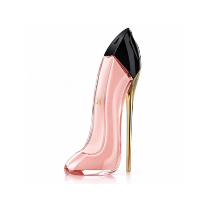 Carolina Herrera Good Girl Blush Eau de Parfum women's fragrance bottle with blush pink glass, black upper and signature gold stiletto heel on white background