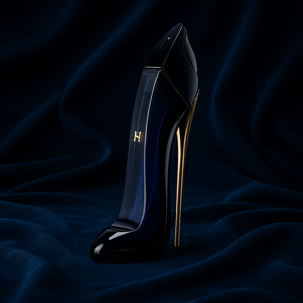 Good Girl Eau de Parfum bottle by Carolina Herrera on dark navy velvet background with elegant gold stiletto heel design