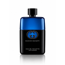 Gucci Guilty Eau de Toilette Intense Pour Homme men's fragrance bottle with vivid blue glass, glossy black finish and Gucci logo on white background
