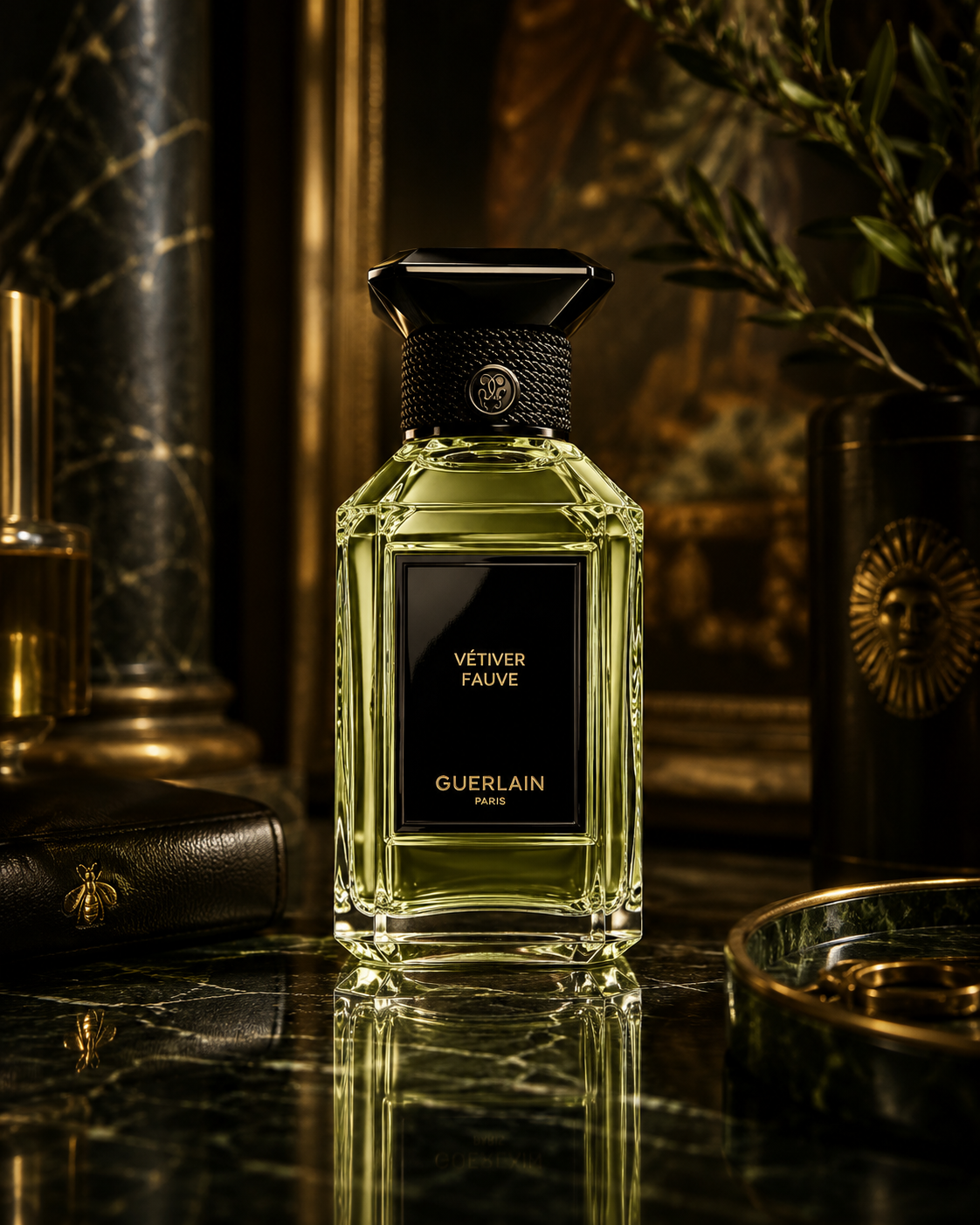Guerlain L'Art & La Matière Vétiver Fauve Eau de Parfum displayed on an elegant green marble vanity with luxurious gold accents, botanical décor, and sophisticated warm lighting