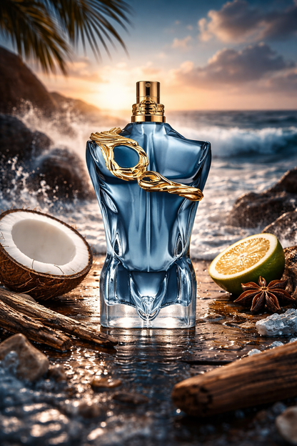 Jean Paul Gaultier Le Beau Narcisse with coconut citrus beach tropical fragrance scene men cologne