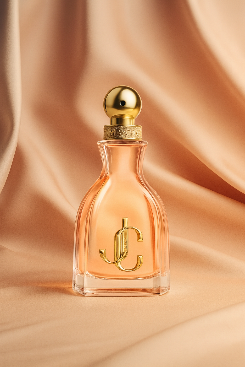 Jimmy Choo I Want Choo Eau de Parfum bottle on peach satin background