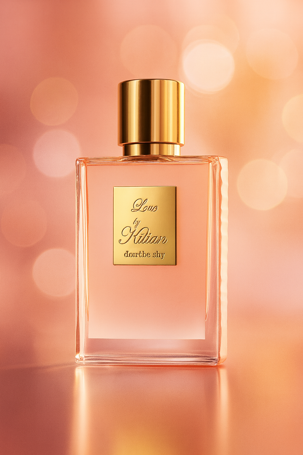 Kilian Love Don't Be Shy Eau de Parfum bottle on a soft pink and gold background, showcasing its elegant gold label and cap.