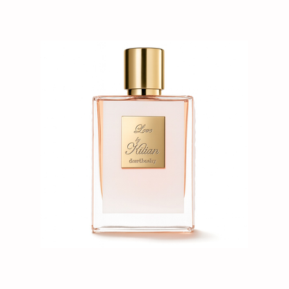 Kilian Love Don't Be Shy Eau de Parfum bottle on a white background, highlighting the sleek glass design and gold detailing