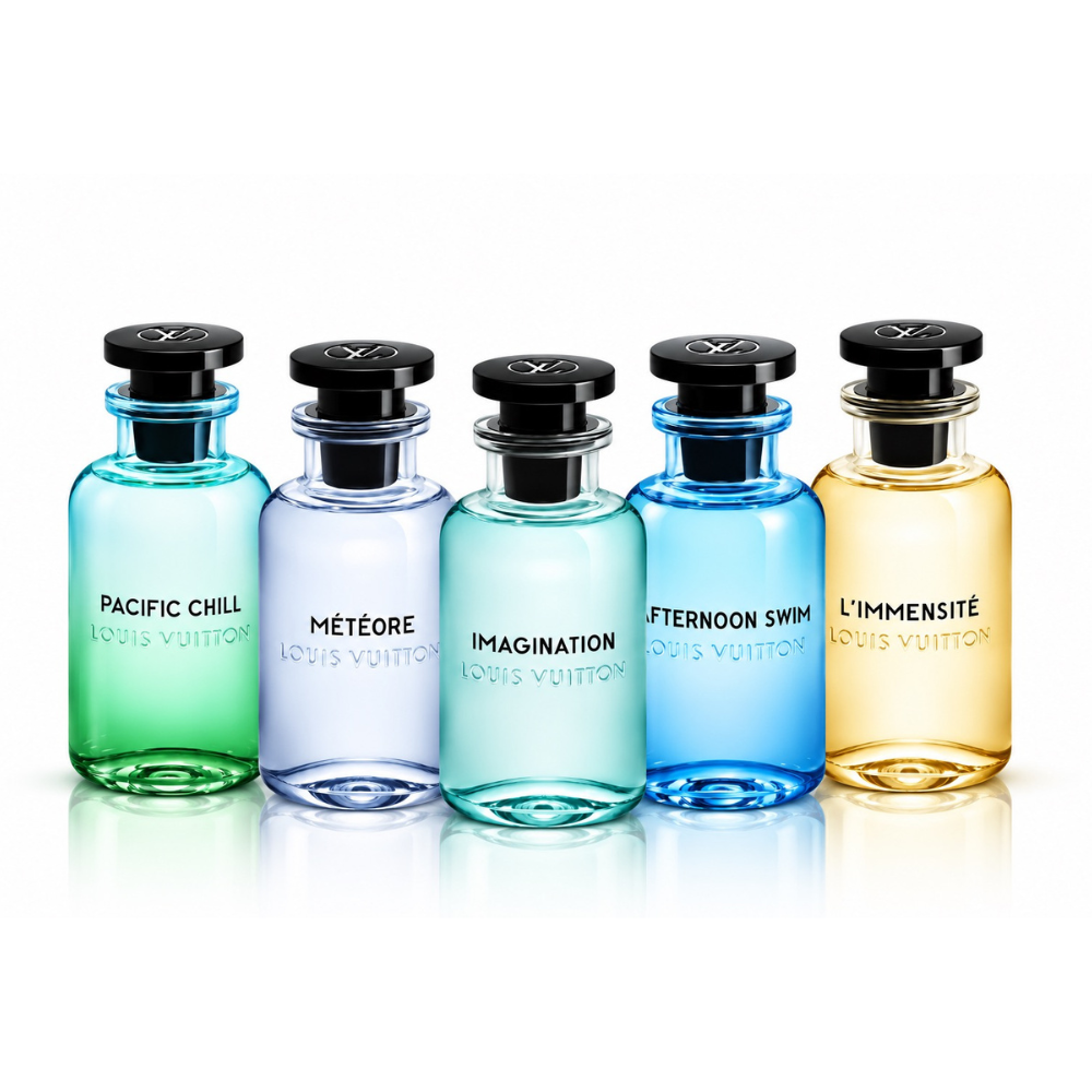 Louis Vuitton Discovery Pack featuring five fragrances: Pacific Chill, Météore, Imagination, Afternoon Swim and L’Immensité in colorful glass bottles on white background
