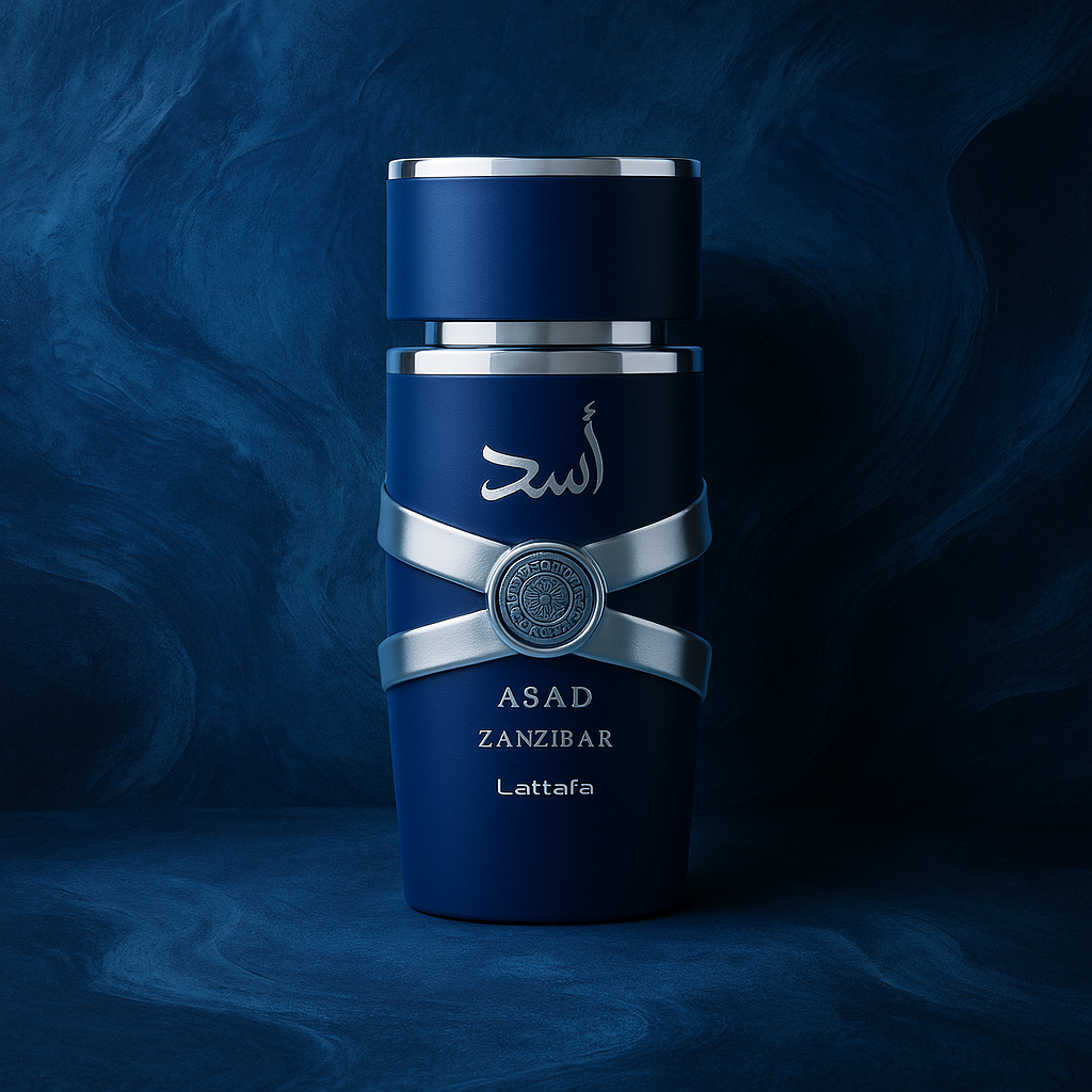 Lattafa Asad Zanzibar Eau de Parfum bottle with a rich navy and silver design, displayed on a deep blue textured background