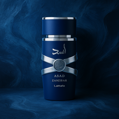 Lattafa Asad Zanzibar Eau de Parfum bottle with a rich navy and silver design, displayed on a deep blue textured background
