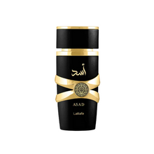 Lattafa Asad Eau de Parfum bottle isolated on white background with black matte and gold accents