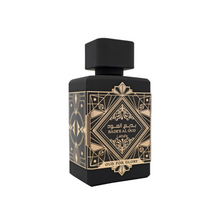 Lattafa Badee Al Oud For Glory Eau de Parfum bottle on a white background, showcasing intricate black and gold Arabian design