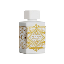Lattafa Badee Al Oud Honor and Glory Eau de Parfum bottle on white background, showcasing gold-etched Arabian design