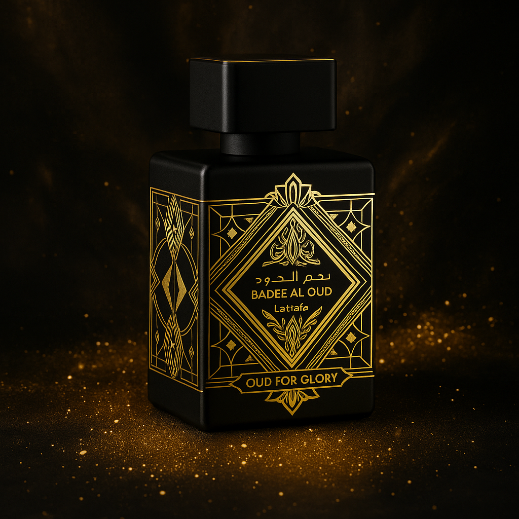 Lattafa Badee Al Oud For Glory perfume bottle with black and gold design, surrounded by golden sparkles on a dark background