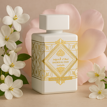 Lattafa Badee Al Oud Honor and Glory bottle surrounded by jasmine and rose petals on a soft beige background